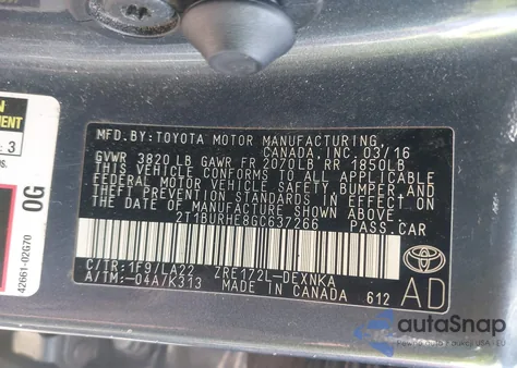 2016 Toyota Corolla Le Premium из США, поврежденный, VIN 2T1BURHE8GC637266